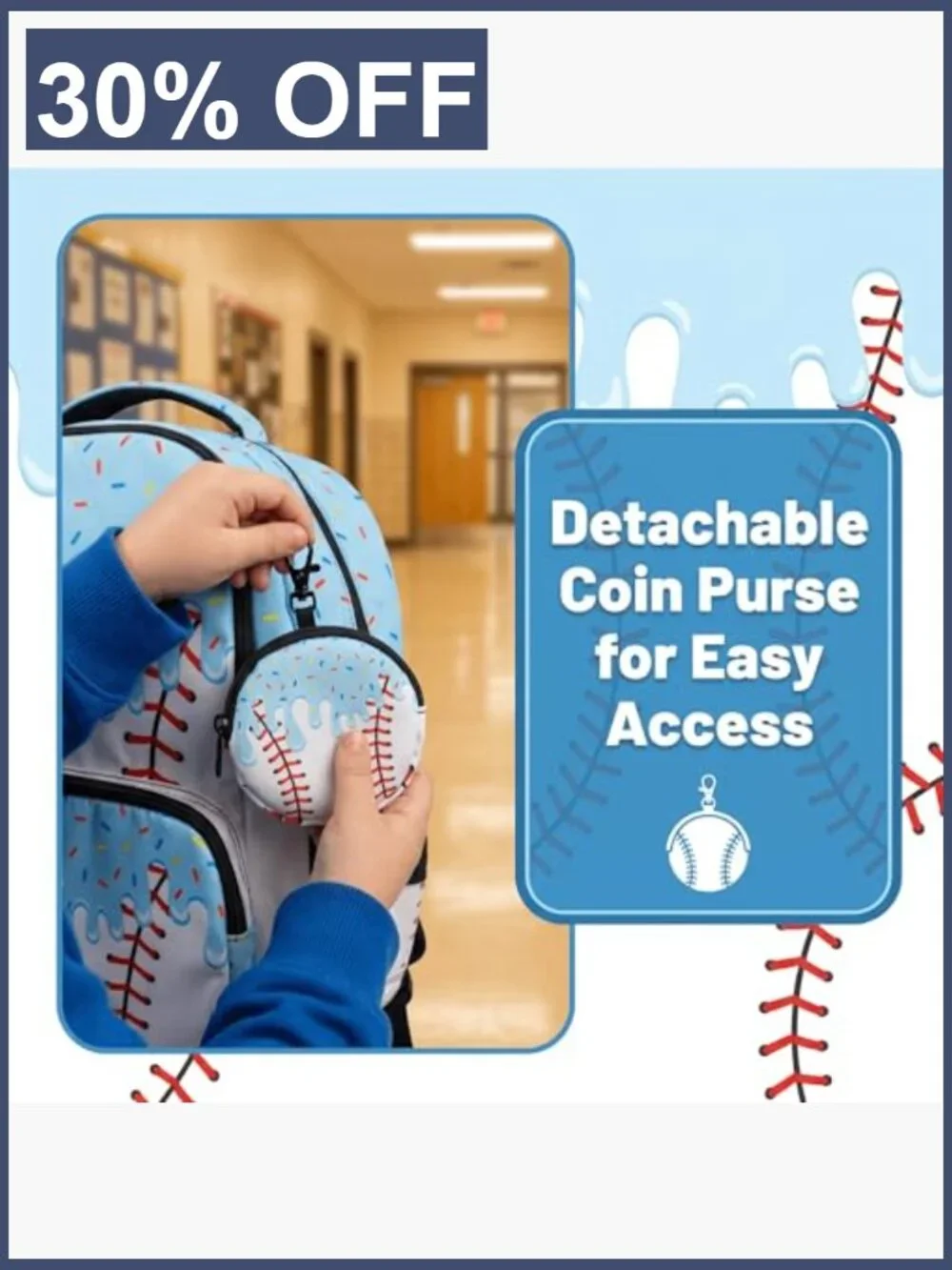 Baseball Backpack Set for Kids Boys 17 inch Bookbag with Coin Purse Elementary